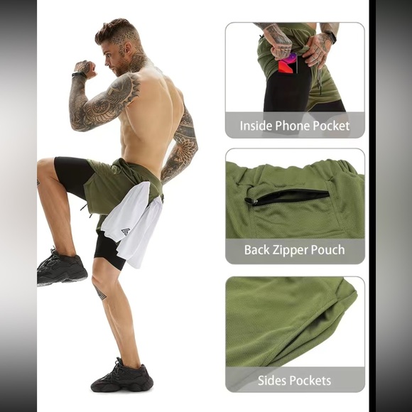 Men light blue double layer gym workout shorts with inner pocket - Picture 9 of 16